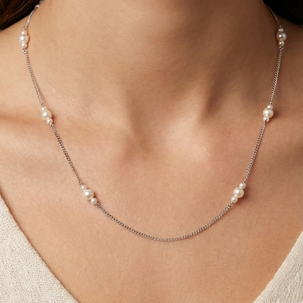Source Unknown Branded Sterling Silver & Freshwater Pearl Station Necklace 8.5"